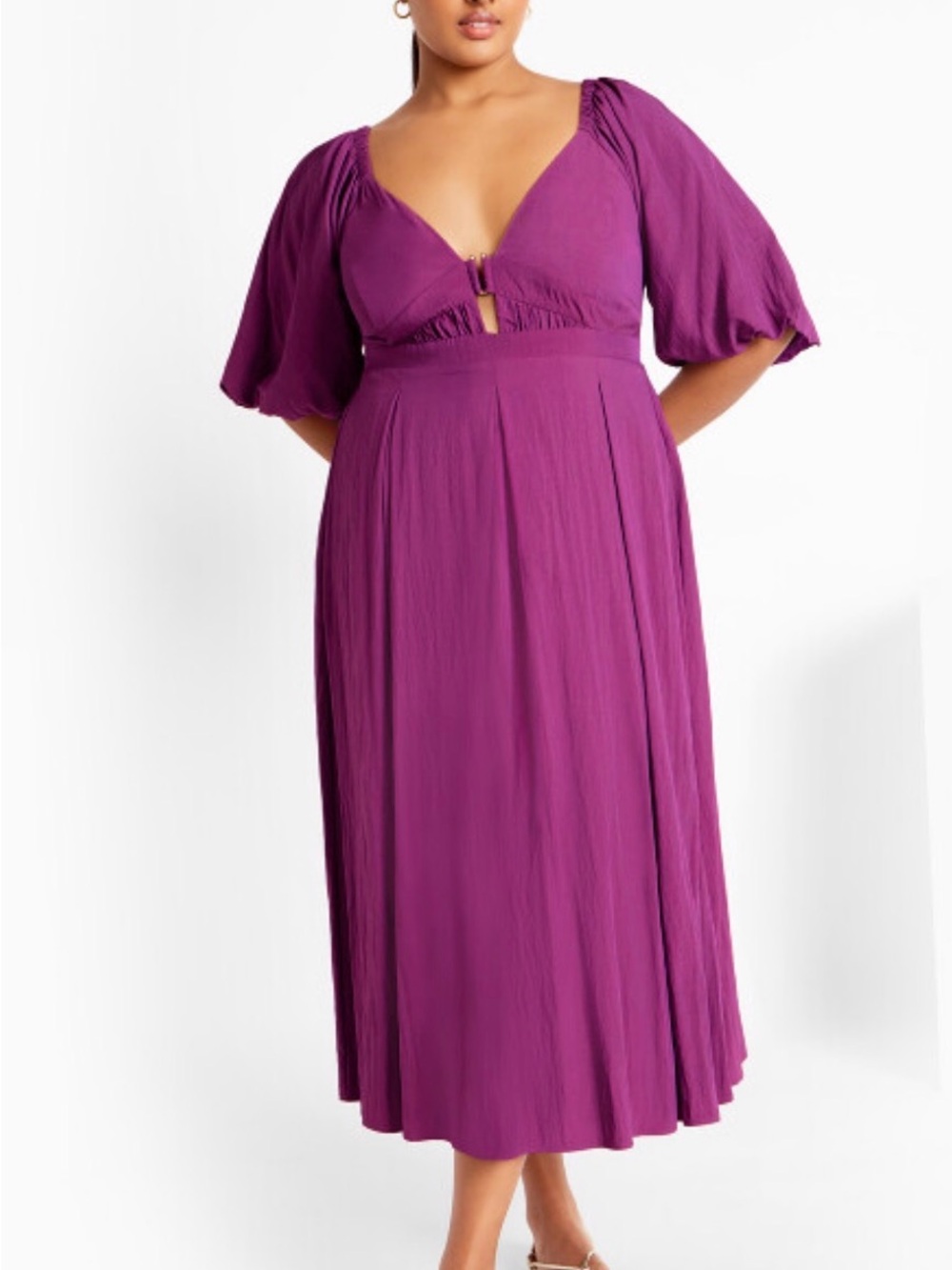 City Chic Purple Asymmetrical Midi Dress with Puff Sleeves - Picture 4 of 7